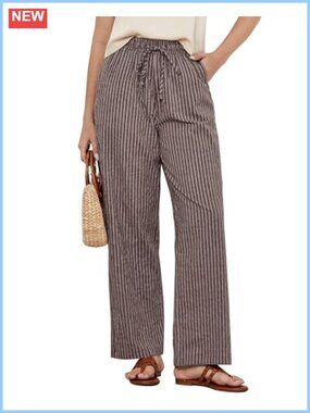 Women's High Waisted Wide Leg Cotton Linen Striped Pull On Palazzo Lounge Pants